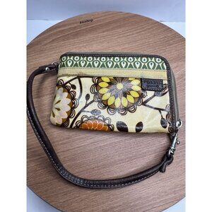 Fossil Floral Wristlet Wallet Zip Around Brown Orange Yellow Green‎